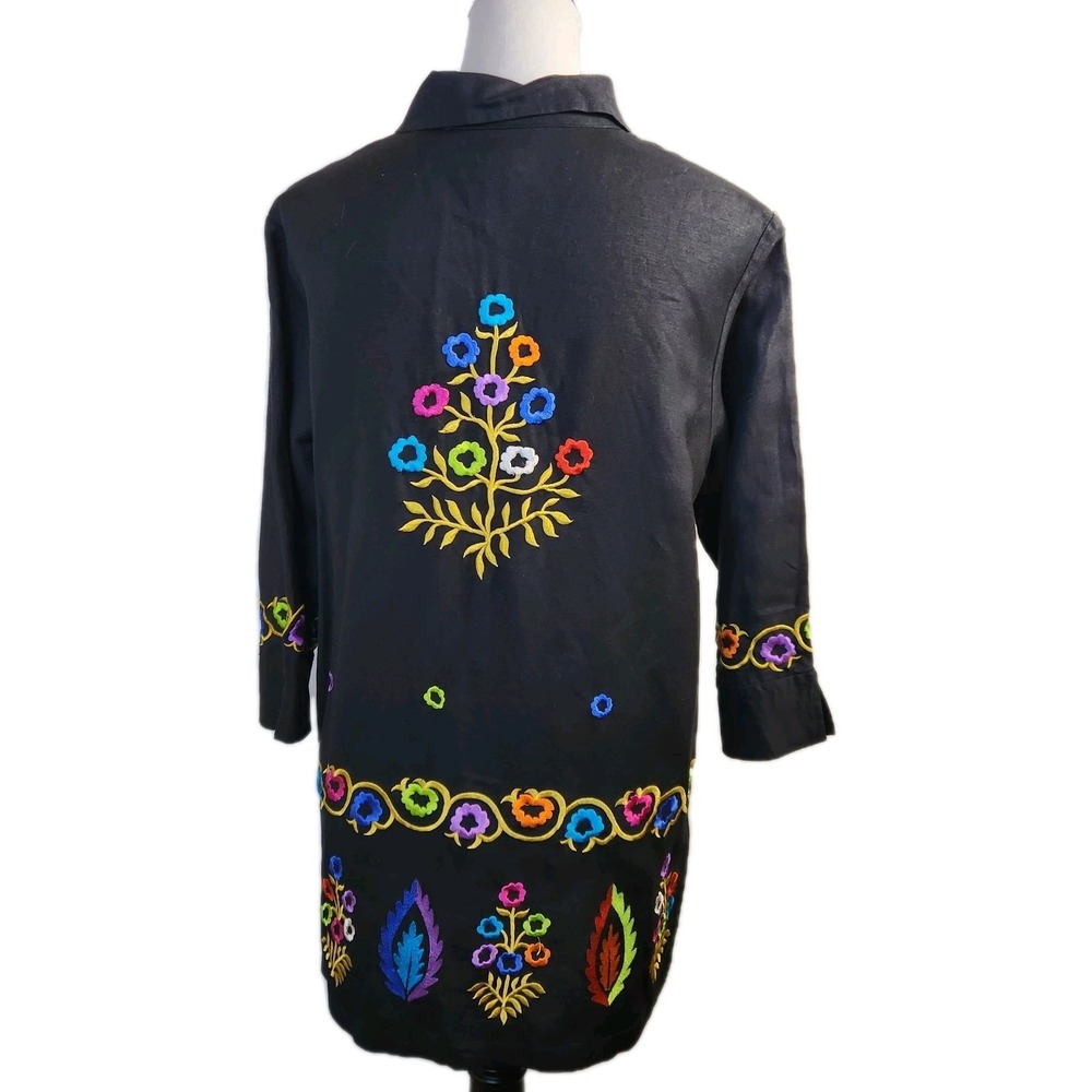 Linea Womens Linen Embroidered Top Size Medium Black Floral Boho Lagenlook Shirt